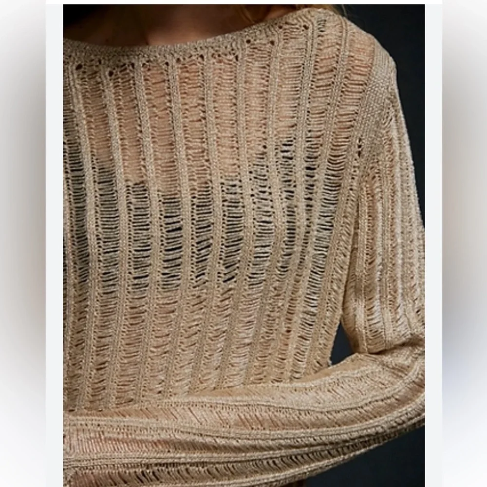 Free People Let’s Dance Long Sleeve Metallic Gold Sweater Top Size XS New